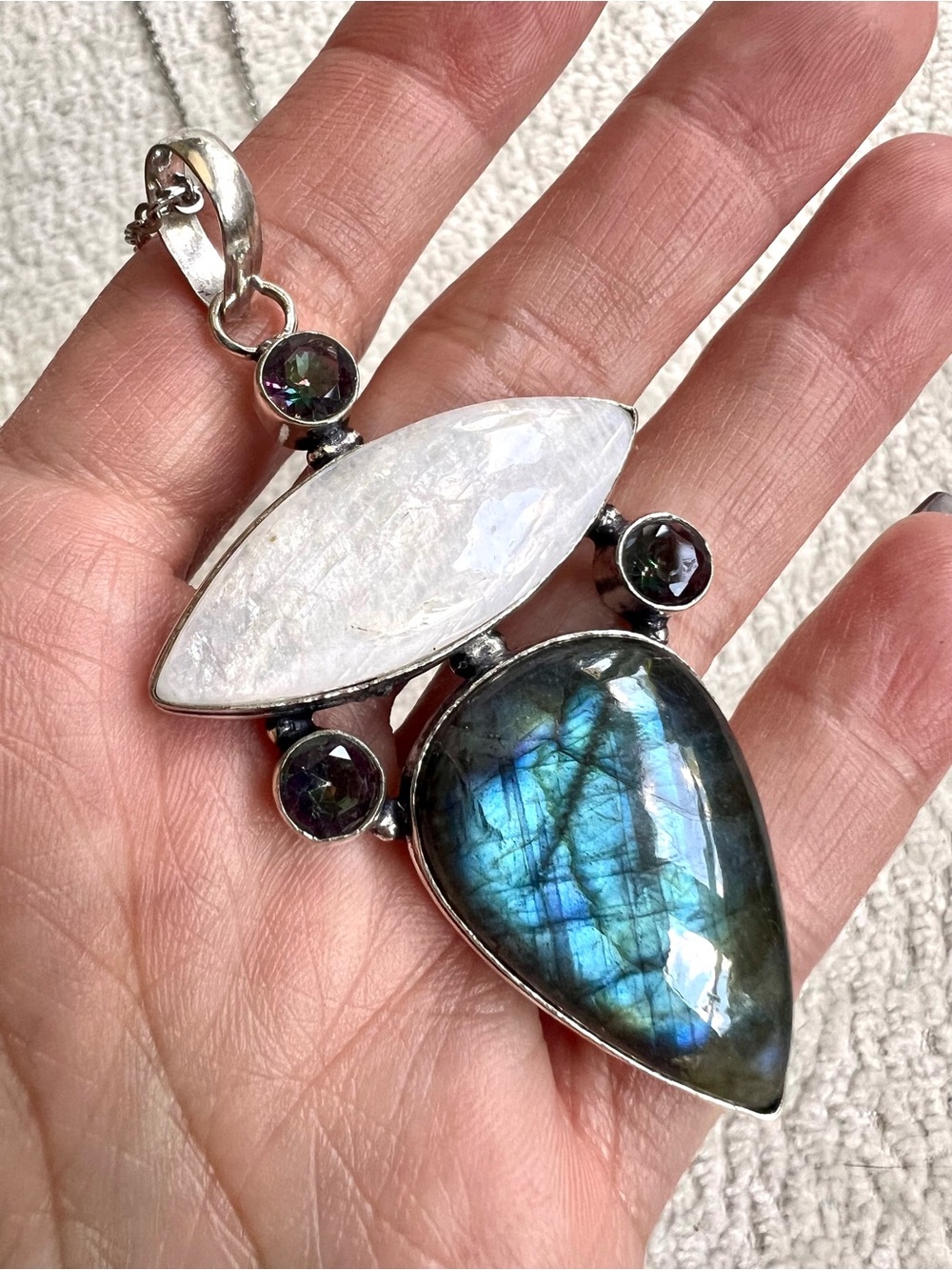 925 Moonbean Moonstone + Blue Flash Labradorite + Mystic Topaz Pendant Necklace